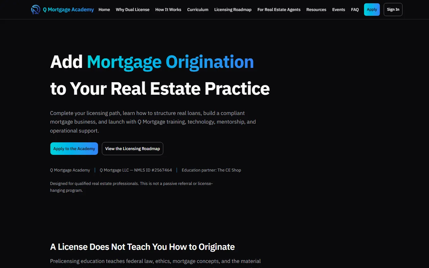 The Q Mortgage Academy homepage, showing the training and licensing pathway