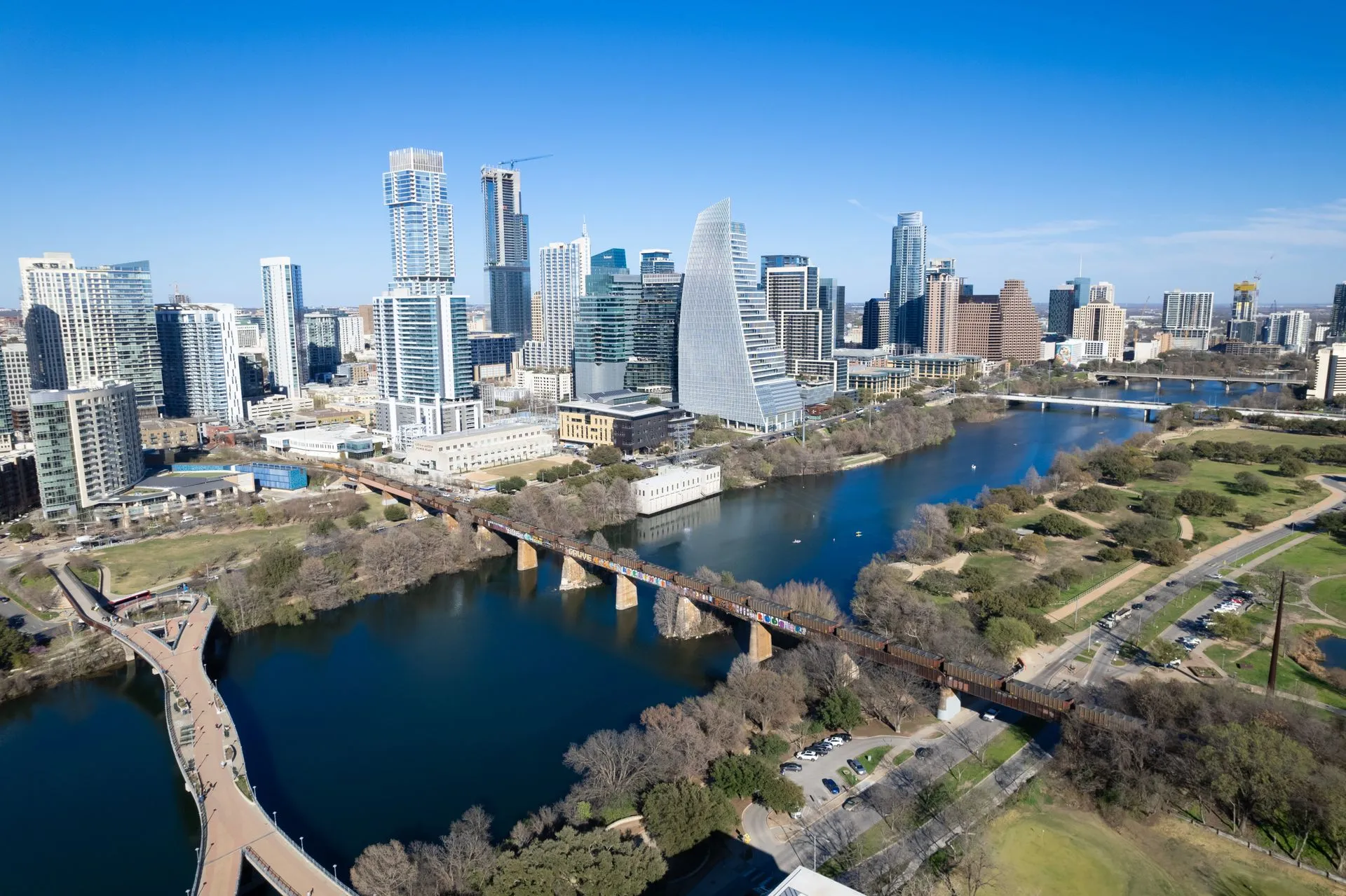 Aerial view of downtown Austin and Lady Bird Lake